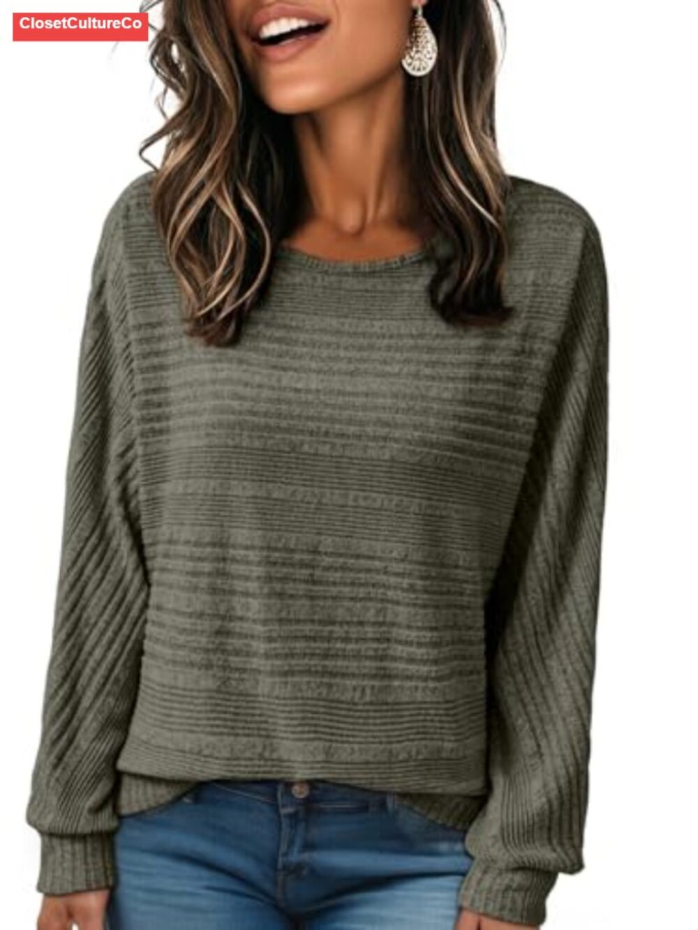 Women's Long Sleeve Batwing Sleeve Crew Neck Pullover Blouse